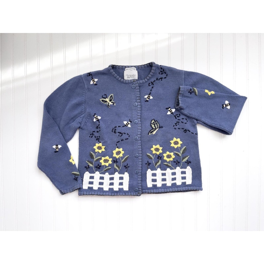 vtg Christopher and Banks blue sunflower butterfly bee‎ cardigan sweater